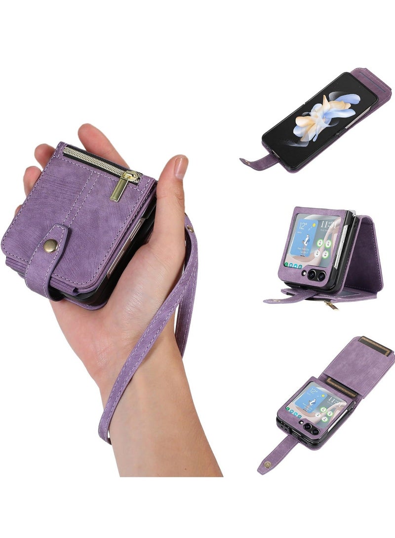 كابتن تيك Case for Samsung Galaxy Z Flip 5 5G, 3 Card Slots Retro Leather Wallet Shockproof Flip Cover with Hand Strap Card Slots Zipper Pocket Kickstand Handbag Magnetic Closure - Retro Purple - Image 1