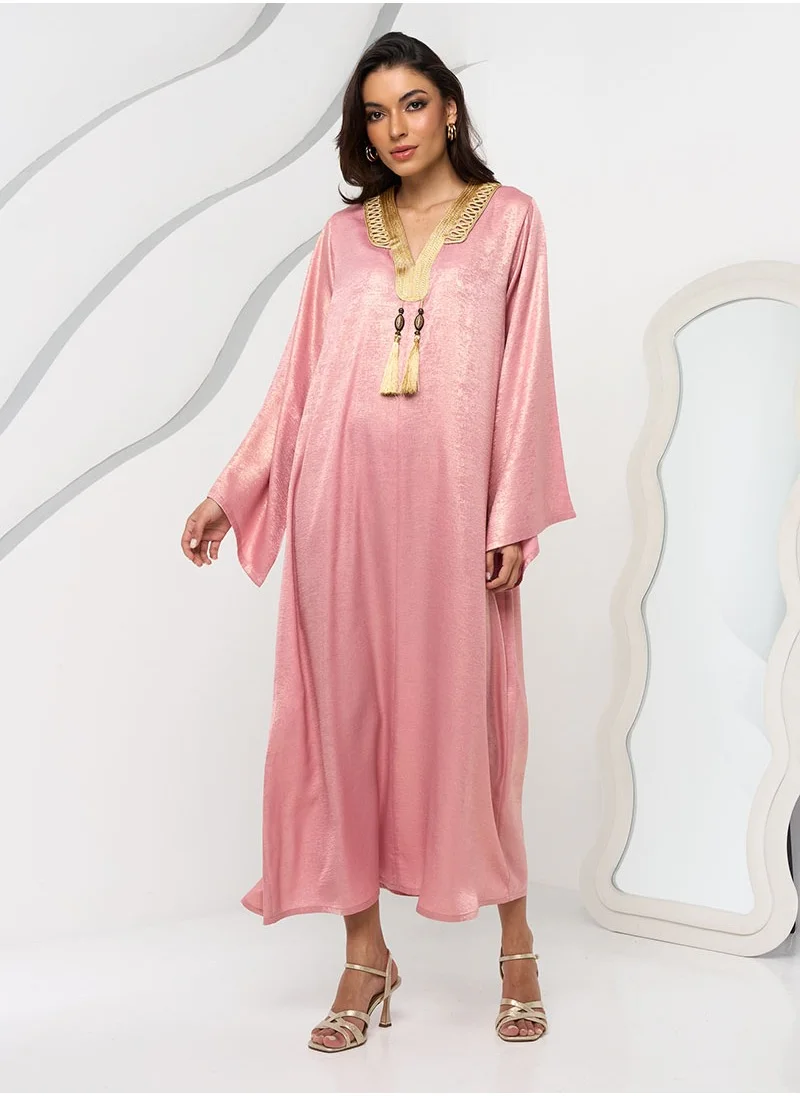 Couturelabs Pink and Gold Kaftan with Neck Detailing