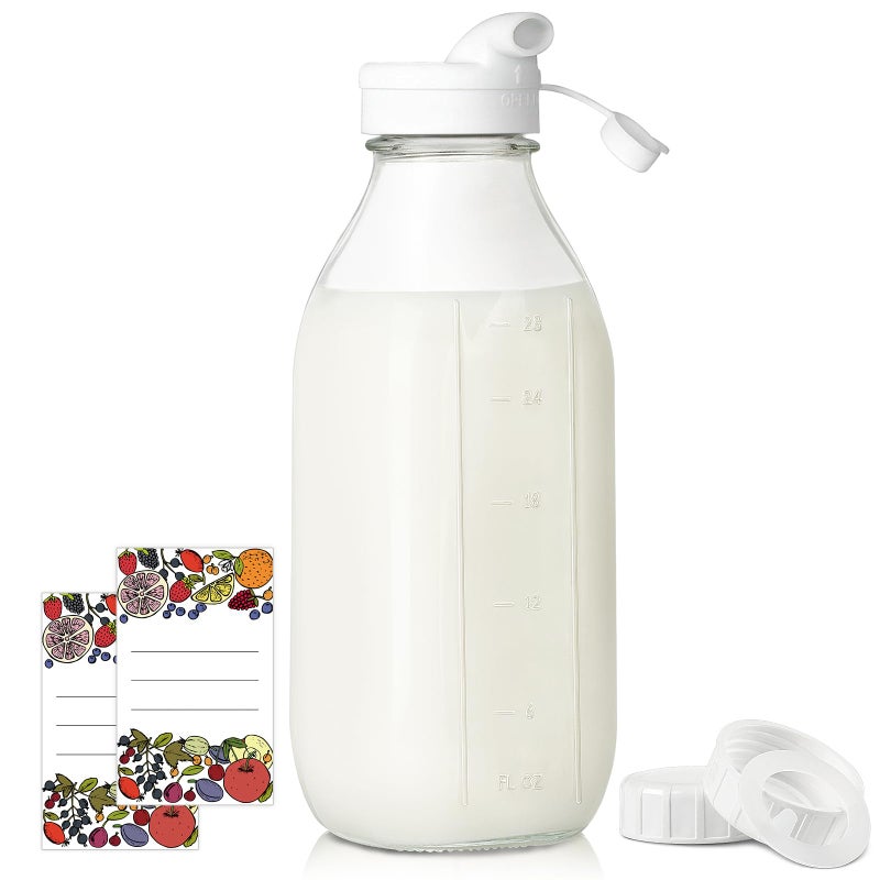 Syntic Square Liter Glass Milk Bottles with Airtight Lid  100 LeakProof Heavy Duty Screw Cap 32 Oz Glass Juice Bottles w Scale Mark Reusable Jugs Pitcher for Homemade JuiceExtra 1 Lid and Pen