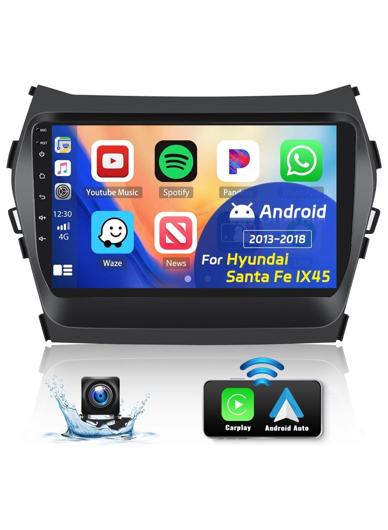 Vierex Car Stereo For Hyundai Santa Fe IX45 2013-2018 Radio, Android 13 Head Unit With Carplay Android Auto,9" Touch Screen Car Radio With Bluetooth HiFi FM/RDS GPS WiFi + AHD Backup Camera - Image 1