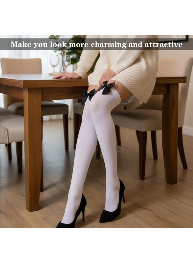Women’s Thigh Highs with Satin Bow Accent, Cute & Sexy Hold-ups Snag-Resistant Knee High Long Socks Soft Stretchy White Thigh High Stockings for Dress Uniform  Daily Wear(Black Bow) - Image 2
