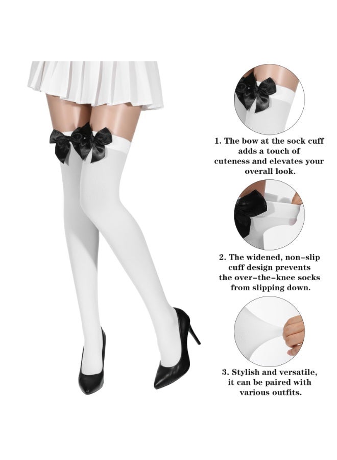 Women’s Thigh Highs with Satin Bow Accent, Cute & Sexy Hold-ups Snag-Resistant Knee High Long Socks Soft Stretchy White Thigh High Stockings for Dress Uniform  Daily Wear(Black Bow) - Image 4