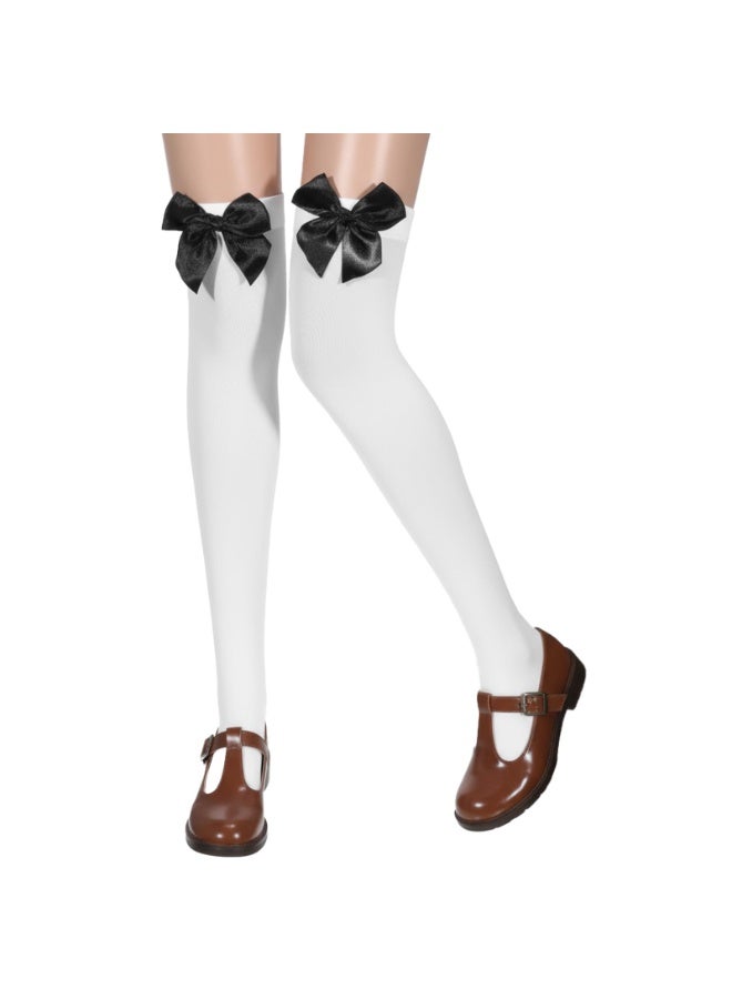 Women’s Thigh Highs with Satin Bow Accent, Cute & Sexy Hold-ups Snag-Resistant Knee High Long Socks Soft Stretchy White Thigh High Stockings for Dress Uniform  Daily Wear(Black Bow) - Image 1