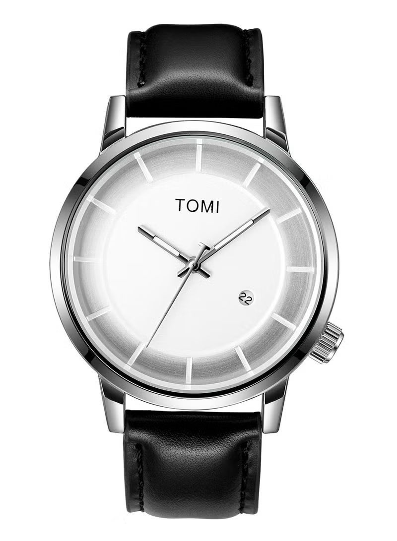 TOMI Watch With a Black Leather Strap With Analog Dials For Both Men And Women, In Addition To Displaying The Date On a Daily Basis - Image 2