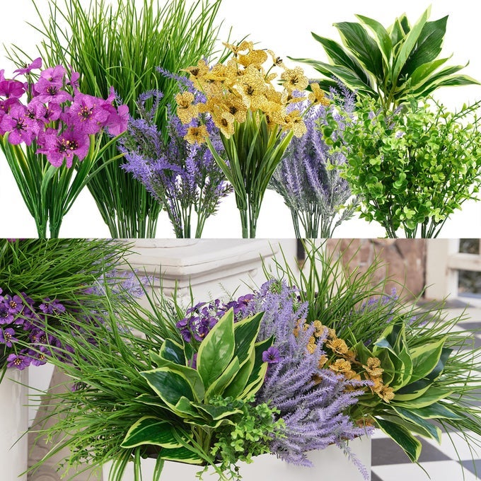 25PCS OUTDOOR ARTIFICIAL BOXWOOD UV RESISTANT FAKE STEMS PLANTS FAUX PLASTIC GREENERY FOR INDOOR OUTSIDE HANGING PLANTS GARDEN PORCH WINDOW BOX HOME WEDDING FARMHOUSE DCOR