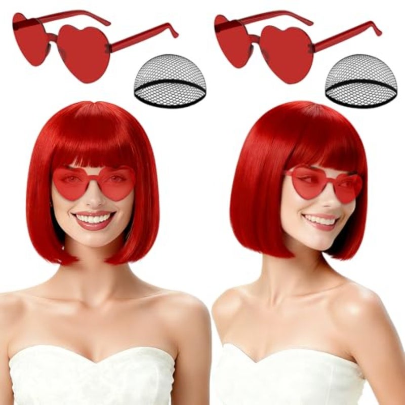 NOON2 حزمة شعر مستعار بوب مع الانفجارات القلب النظارات الشمسية للنساء، النيون البوب ​​مضحك حزب الباروكات الشعر الاصطناعية للبالغين هالوين تأثيري زي النوادي الاحتفال عيد الميلاد Party444 - Image 1