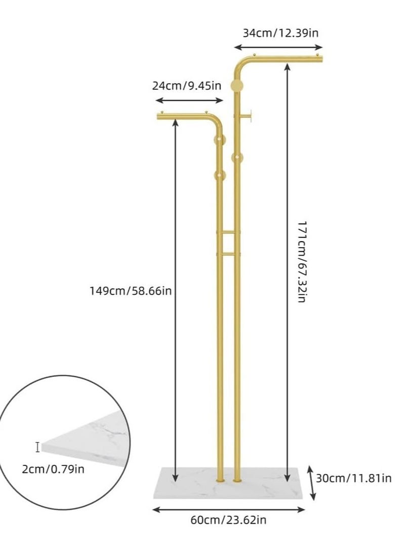 Beauenty Granite Metal Coat Rack: Gold Coat Hanger Stand Double-pole Coat Rack Sturdy coat rack stand Entryway Coats Hanger Stand with 5 Hooks for Hats, Bags, Hallway L*W*H 60x30.2x171cm - Image 3