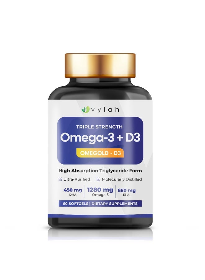 Vylah Triple Strength Omega 3 Fish Oil 1280mg + Vitamin D3 25mcg, 60 Softgels, 650mg EPA & 450mg DHA, Triglyceride Form, Molecularly Distilled, Heart Brain Bone Immune Support - Image 1