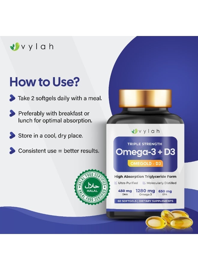 Vylah Triple Strength Omega 3 Fish Oil 1280mg + Vitamin D3 25mcg, 60 Softgels, 650mg EPA & 450mg DHA, Triglyceride Form, Molecularly Distilled, Heart Brain Bone Immune Support - Image 5