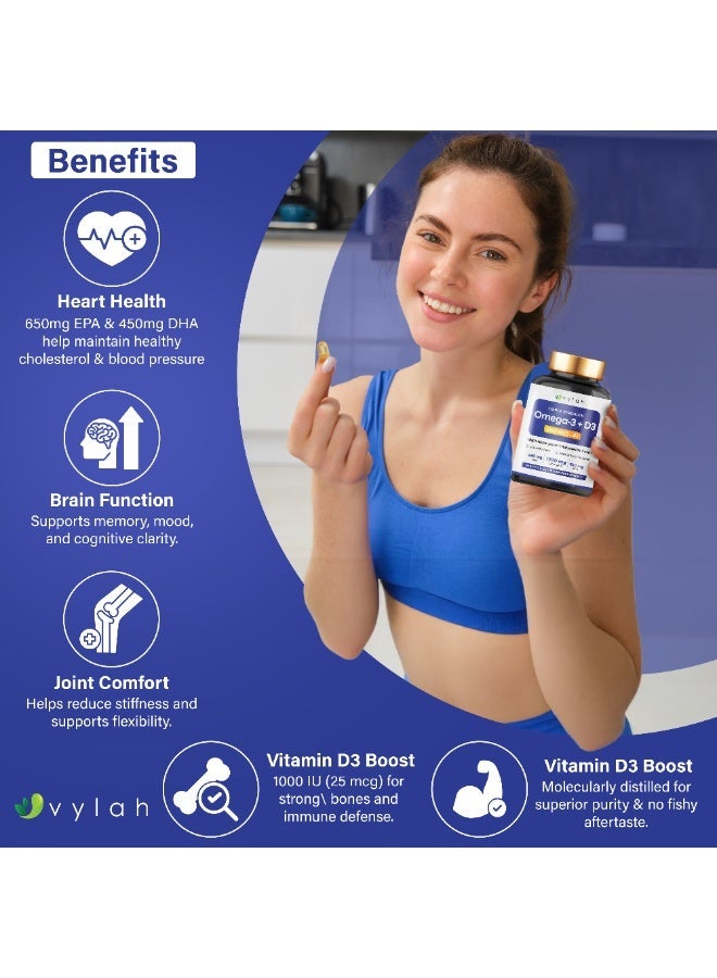 Vylah Triple Strength Omega 3 Fish Oil 1280mg + Vitamin D3 25mcg, 60 Softgels, 650mg EPA & 450mg DHA, Triglyceride Form, Molecularly Distilled, Heart Brain Bone Immune Support - Image 4