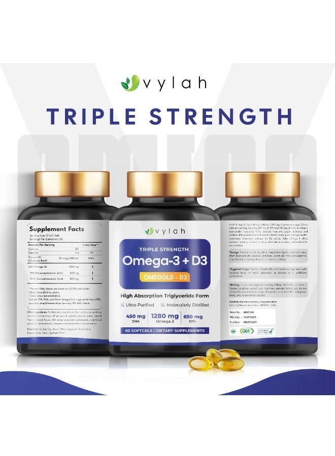 Vylah Triple Strength Omega 3 Fish Oil 1280mg + Vitamin D3 25mcg, 60 Softgels, 650mg EPA & 450mg DHA, Triglyceride Form, Molecularly Distilled, Heart Brain Bone Immune Support - Image 3