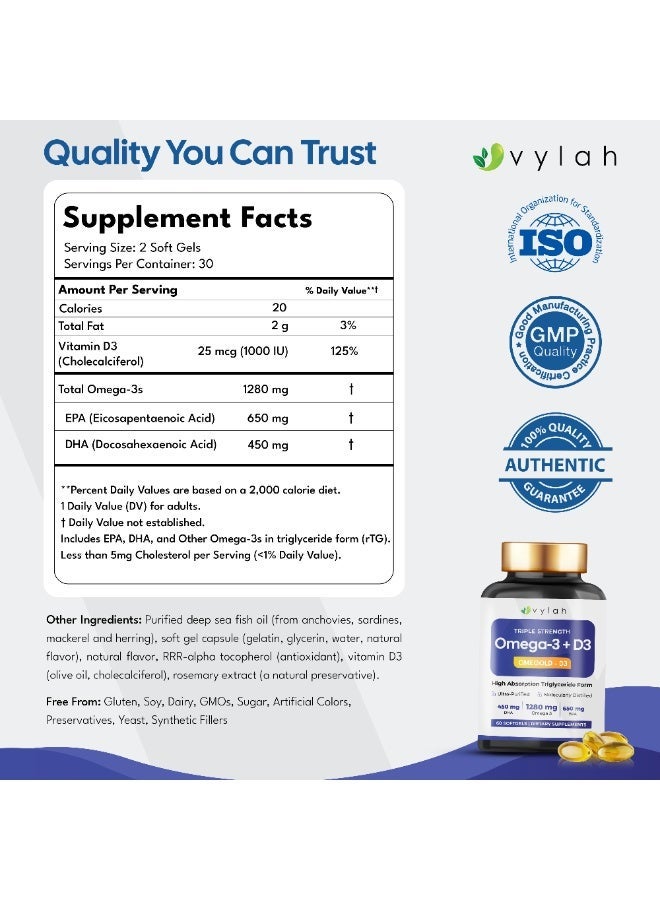 Vylah Triple Strength Omega 3 Fish Oil 1280mg + Vitamin D3 25mcg, 60 Softgels, 650mg EPA & 450mg DHA, Triglyceride Form, Molecularly Distilled, Heart Brain Bone Immune Support - Image 2