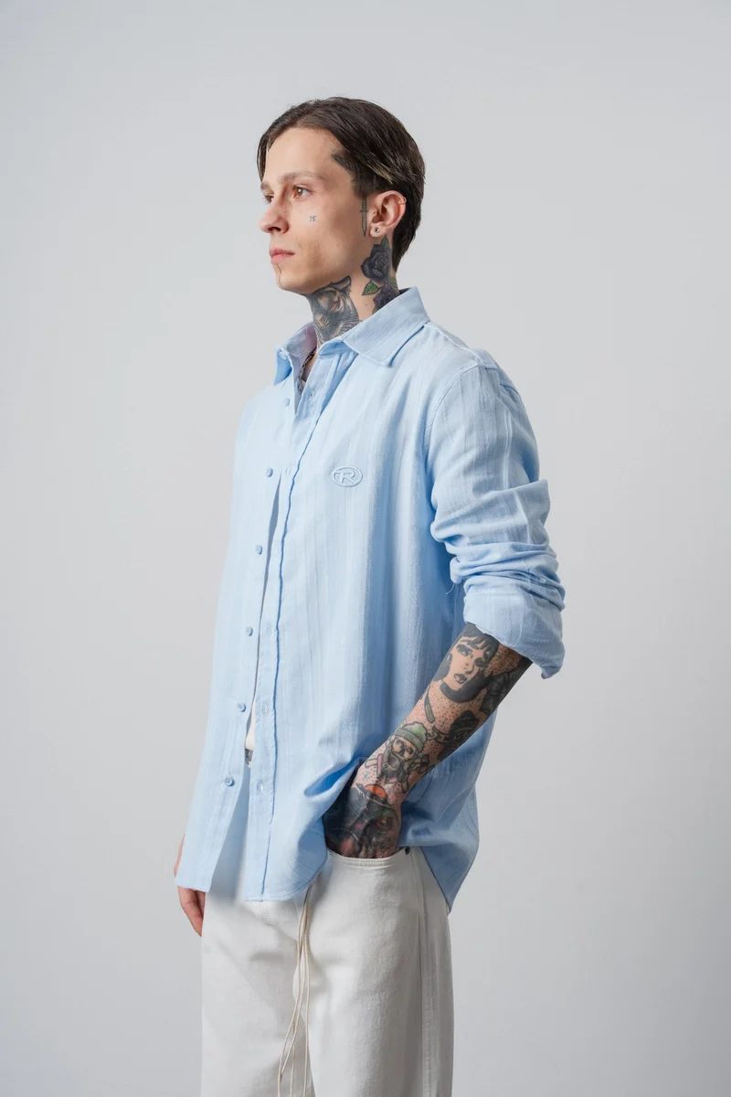 RESPIRE Men's Embroidered Long-Sleeve Muslin Oversize Shirt, Baby Blue