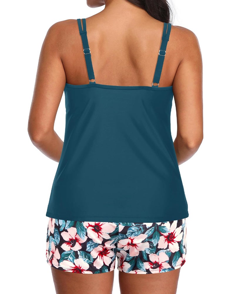 Tempt Me Teal Flower Two Piece Tankini Swimsuits for Women Tummy Control Bathing Suit with Shorts Athletic Swimwear L - Image 2