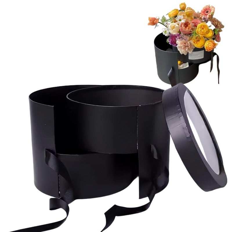 صندوق زهور BBJ WRAPS مع غطاء لترتيبات الزهور بطبقتين درج دوار فاخر صندوق هدايا باقة زهور دائري 1 مجموعة 75D x 65H أسود