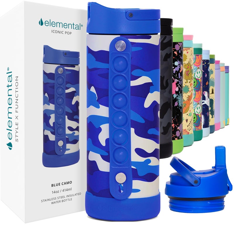 Elemental Iconic Kids Insulated Water Bottle with Straw Lid  Stress Reliever PopIt Handle LeakProof When Closed  Stainless Steel 14oz  Blue Camo