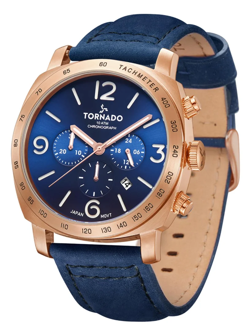 TORNADO Tornado LUMINA CHRONOSPHERE Men's Japan Quartz Movement Watch, Chronograph Display and Suede Leather Strap - T9102-RLNN, Blue