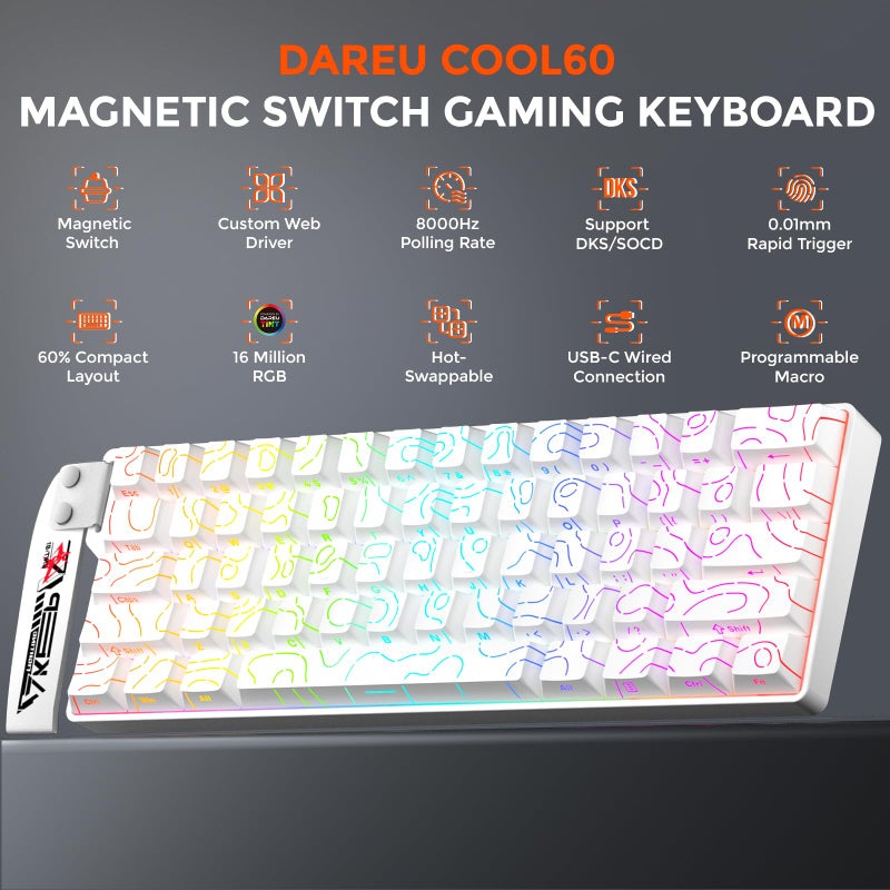 DAREU COOL60 60% Hall Effect Gaming Keyboard with Magnetic Switch, SOCD, 0.01mm Actuation Adjustable Rapid Trigger,8000 Hz Polling, Topographic PBT Keycaps, Hot-swap, RGB Backlit - Image 2