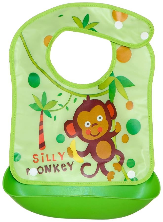 Printed Monkey Baby Bib With Silicone Pocket  - Image 1
