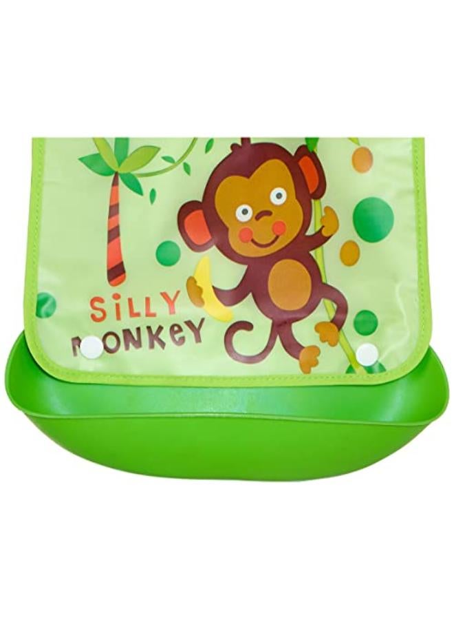 Printed Monkey Baby Bib With Silicone Pocket  - Image 2
