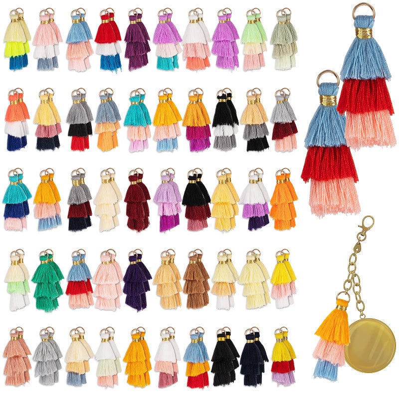 Dingion 100Pcs Tiny Tri Layered Keychain Tassels Mini Tassel Craft Jewelry Making Tassel for Earring BookmarkClassic Color