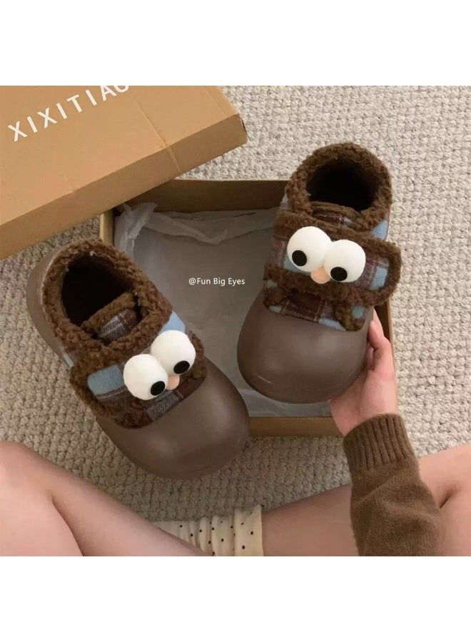 Velcro Cotton Slippers For Women In Winter, Non-slip, Velvet, Thickeneded, Warm, Cute, Big Eyes, Thick-soled Bag-heeled Cotton Shoes