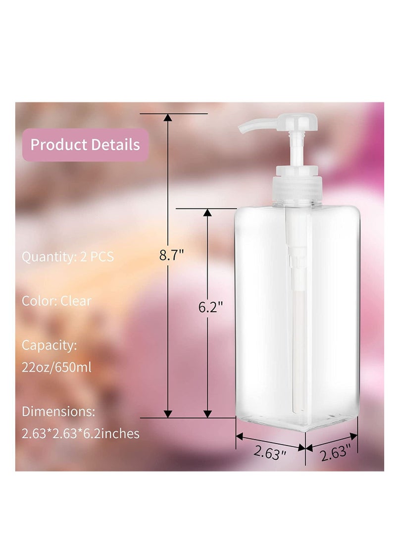 Pump Bottle Dispenser Refillable Square Plastic Empty Lotion Soap for Essential Oil Shampoo Bathroom Kitchen Travel 650ml 2PCS