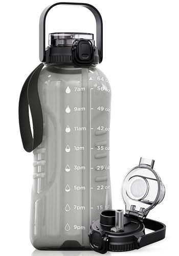 AQUAFIT 64 oz Water Bottle with Time Marker - 2in1 Straw & Chug Lid - BPA Free Big Water Bottle with Straw - Gym Water Bottle with Strap - Water Jug (64 Ounces, Gray) - Image 1