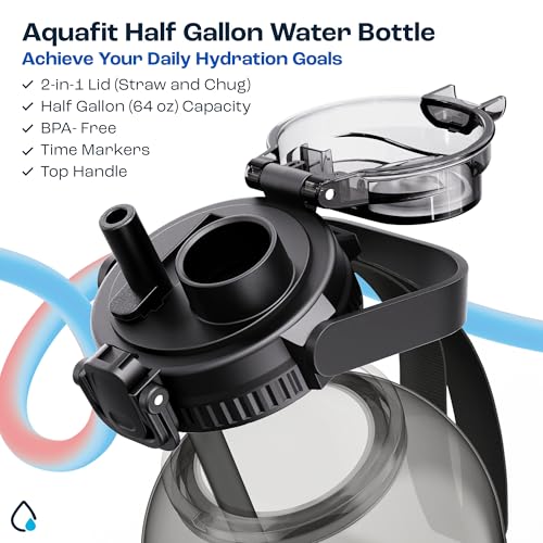 AQUAFIT 64 oz Water Bottle with Time Marker - 2in1 Straw & Chug Lid - BPA Free Big Water Bottle with Straw - Gym Water Bottle with Strap - Water Jug (64 Ounces, Gray) - Image 2