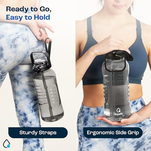 AQUAFIT 64 oz Water Bottle with Time Marker - 2in1 Straw & Chug Lid - BPA Free Big Water Bottle with Straw - Gym Water Bottle with Strap - Water Jug (64 Ounces, Gray) - Image 3