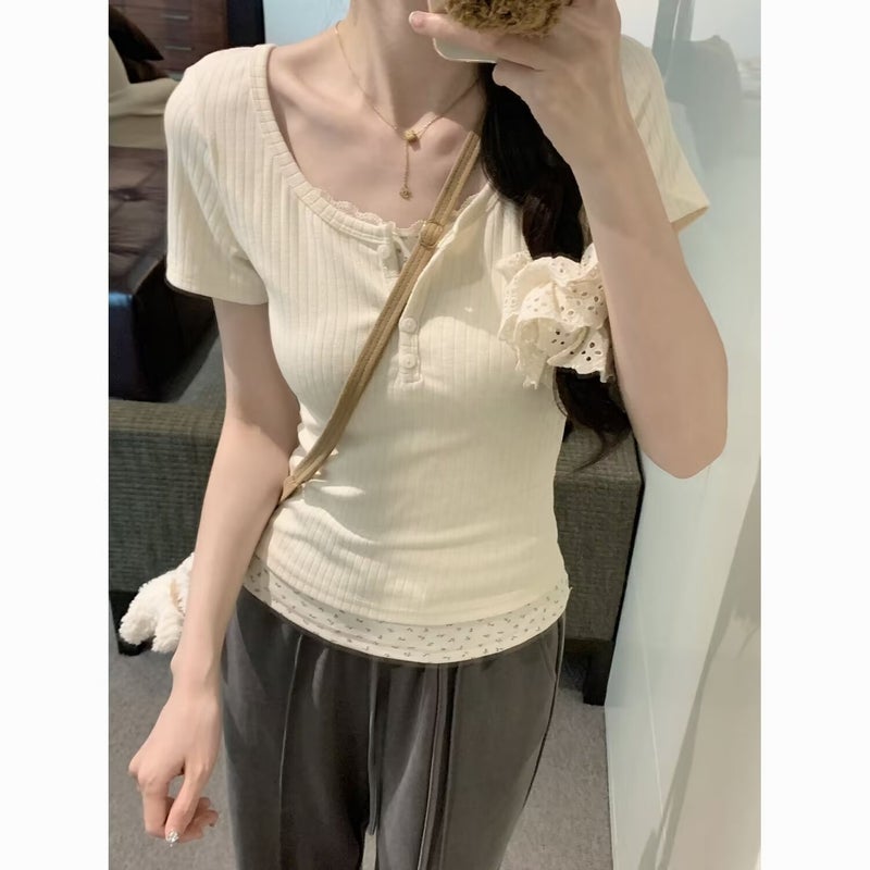 Korean-Style Summer Short-Sleeved Women'S Slim-Fit Sweet Girl'S T-Shirt Top Fake Two-Piece Half-Sleeved T-Shirt - Image 5