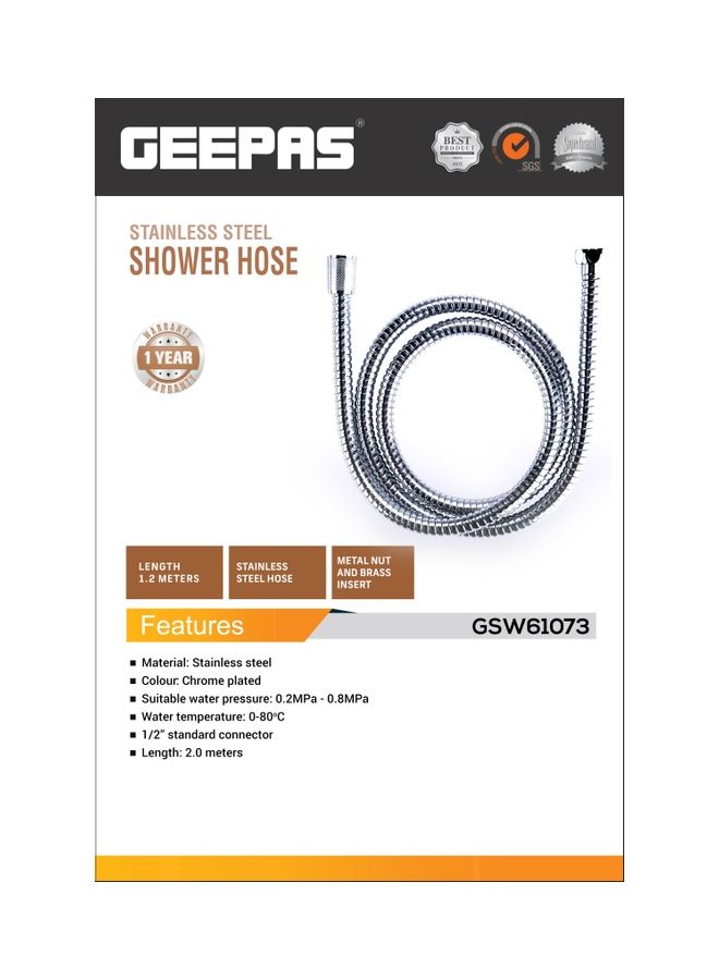 GEEPAS Stainless Steel Shower Hose, 2 Meters Long, With Metal Nut And Brass Insert And 1/2-Inch Standard Connector, Perfect For Shower Head, Chrome Plated, 1 Year Warranty Silver - Image 2