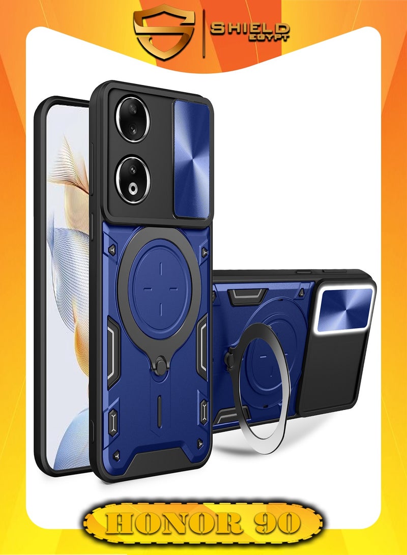 شيلد ايجيبت لهاتف هونر 90 (Honor 90) جراب حماية مع باب جرار لحماية عدسة  الكاميرا المدرعة مدمج بزاوية 360 درجة - (ازرق)