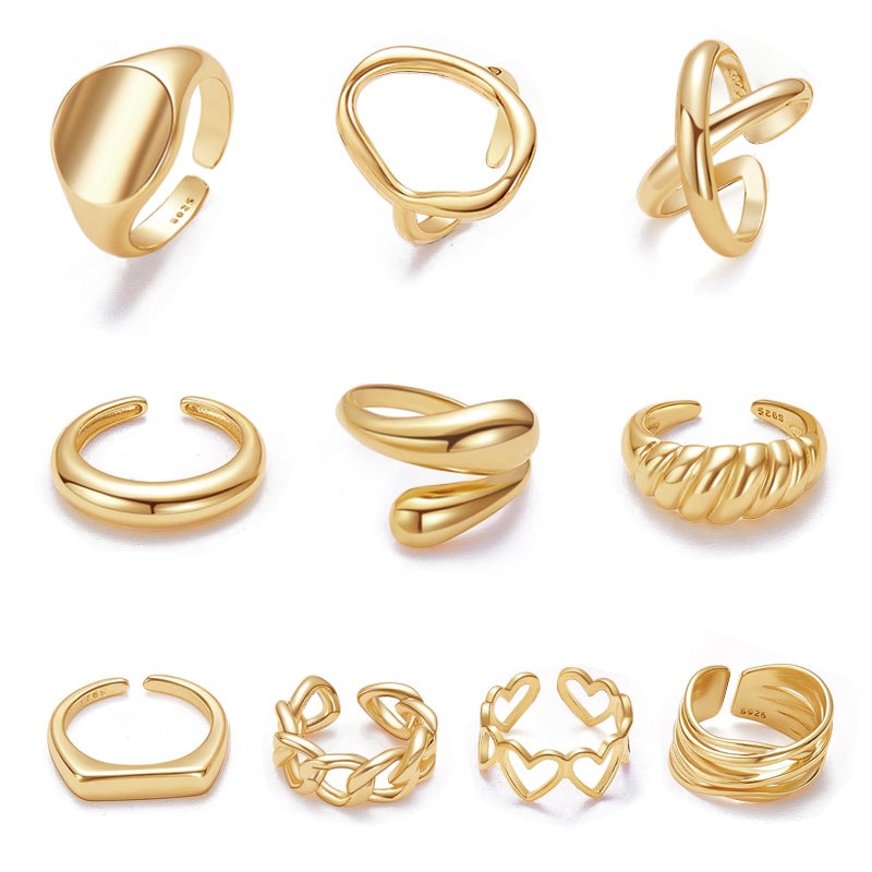 MOROYA 10PCS Gold Dome Chunky Rings for Women 18K Gold Plated Braided Twisted Round Signet Rings Adjustable Open Ring Band Statement Jewelry Size 7-9 - Image 1