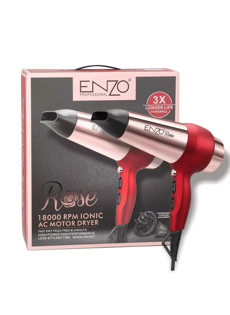 ENZO Professional - EN-8227 Professional 18000 RPM Salon Dryer with Ionic Technology, Multiple Heat & Speed Settings, and Long-Life AC Motor-Intl Version - Image 1