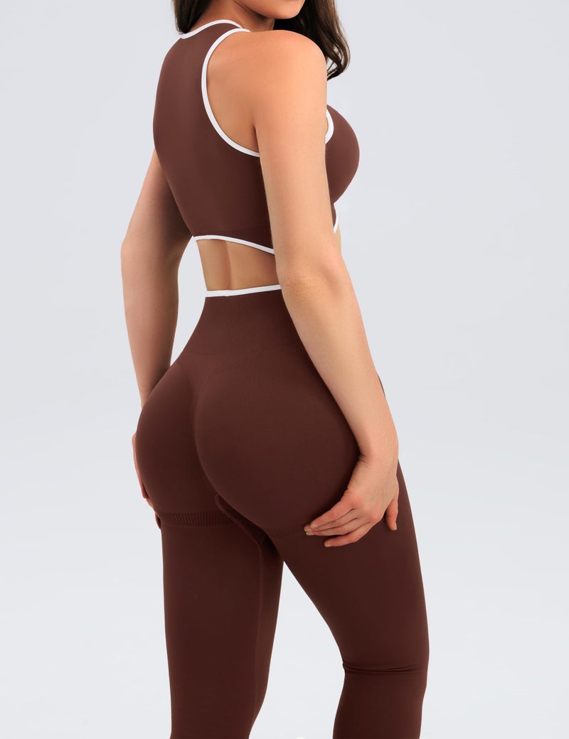 Relety Womens Workout Sets 2 Piece Seamless Crop Tank Top High Waist Leggings Contrast Trim Padded Racerback Bra Yoga Outfits - Brown Medium - Image 5