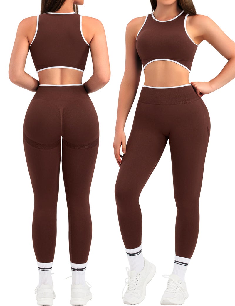 Relety Womens Workout Sets 2 Piece Seamless Crop Tank Top High Waist Leggings Contrast Trim Padded Racerback Bra Yoga Outfits - Brown Medium - Image 1