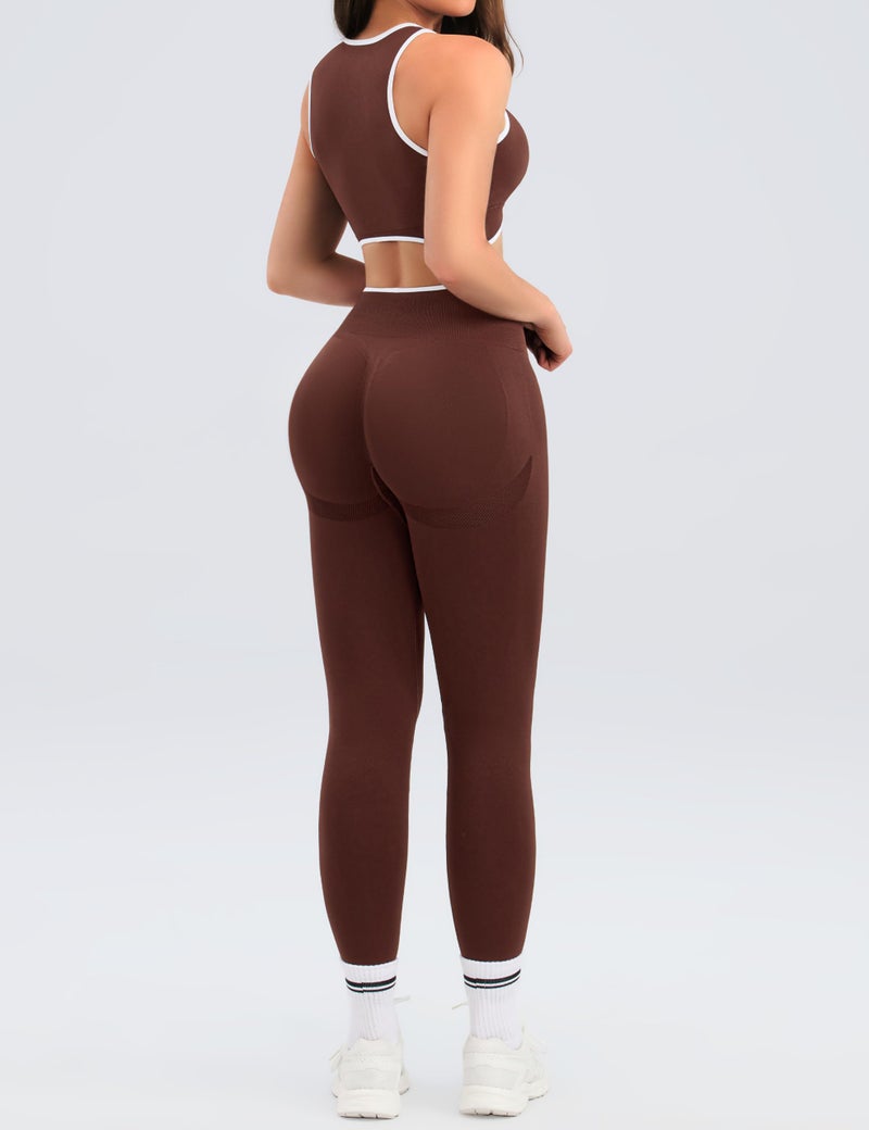 Relety Womens Workout Sets 2 Piece Seamless Crop Tank Top High Waist Leggings Contrast Trim Padded Racerback Bra Yoga Outfits - Brown Medium - Image 3