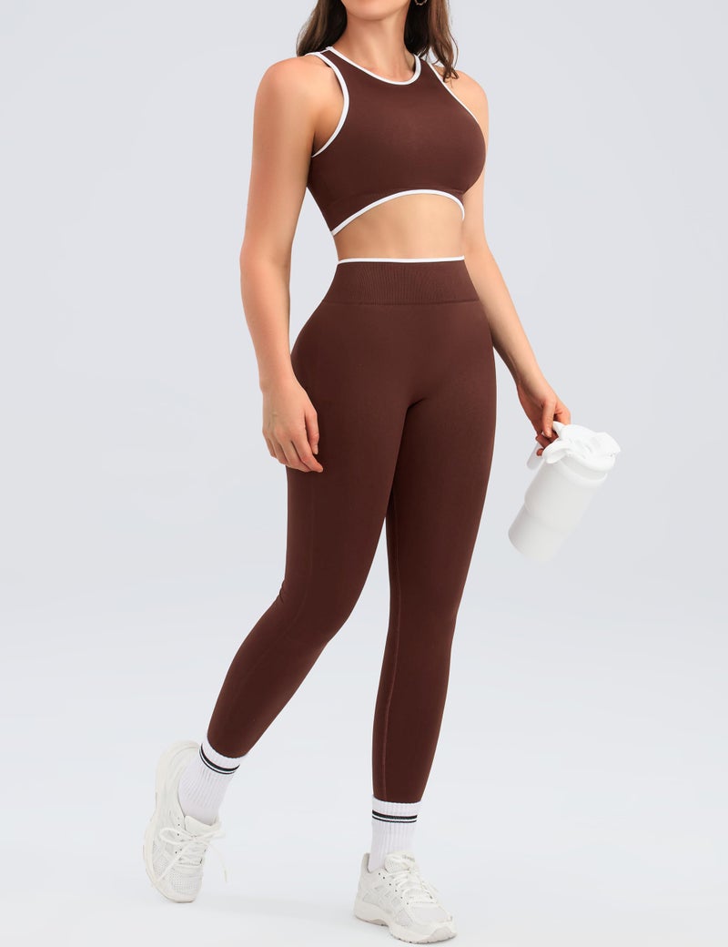 Relety Womens Workout Sets 2 Piece Seamless Crop Tank Top High Waist Leggings Contrast Trim Padded Racerback Bra Yoga Outfits - Brown Medium - Image 2