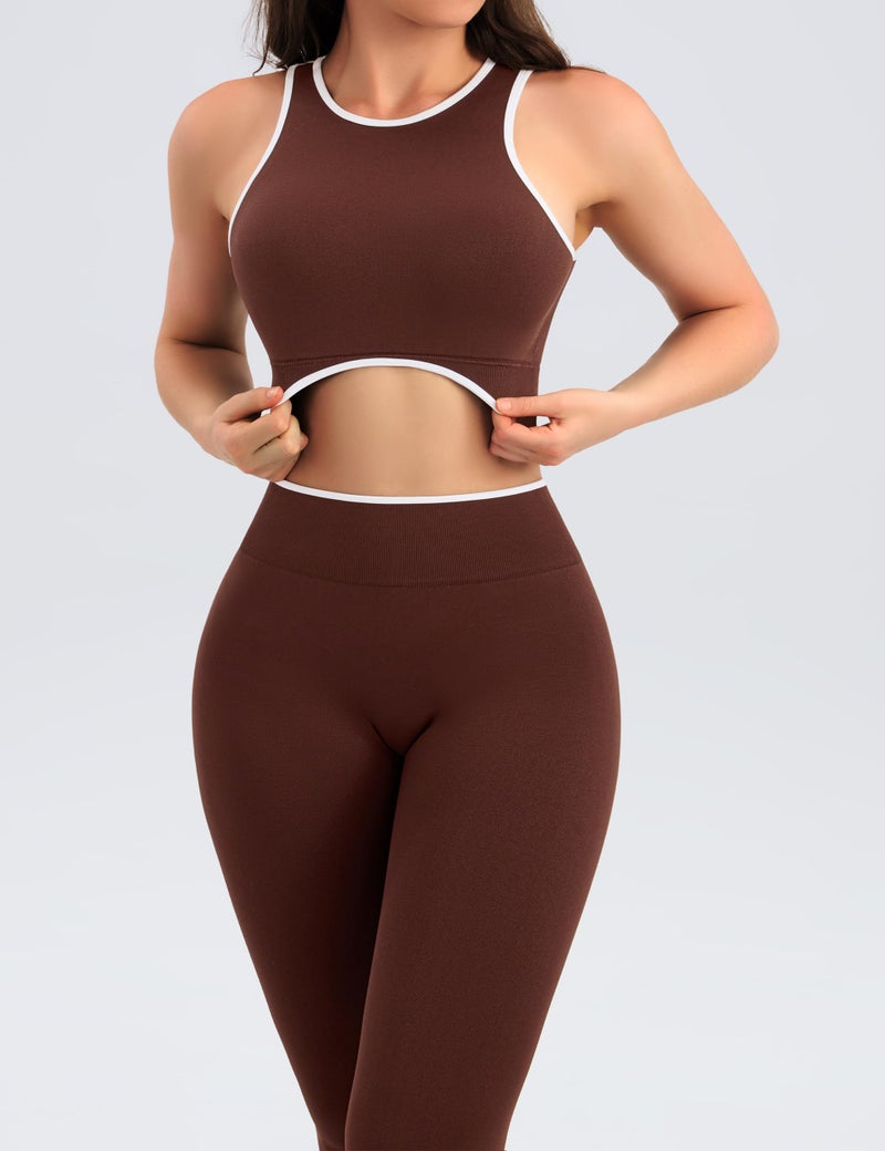 Relety Womens Workout Sets 2 Piece Seamless Crop Tank Top High Waist Leggings Contrast Trim Padded Racerback Bra Yoga Outfits - Brown Medium - Image 4