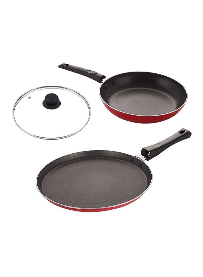 Nirlon 3-Layer Nonstick Coating Aluminum Compatible with All Gas & stovetops 3 Piece Cookware Set with Heat-Resistant Friendly Handle[Flat Tawa 26cm|Tapper Pan 24cm |Glass Lid] - Image 1