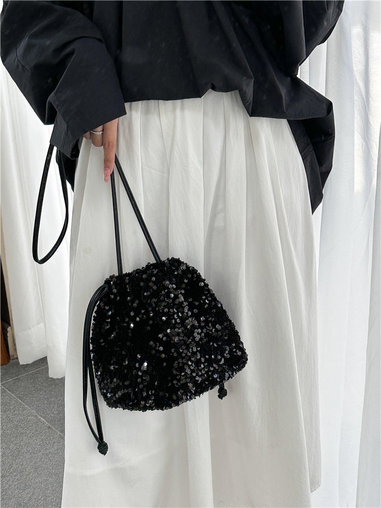 High-End Portable Bucket Bag for Women – Small Drawstring Sequin Shoulder Messenger Bag - Image 4
