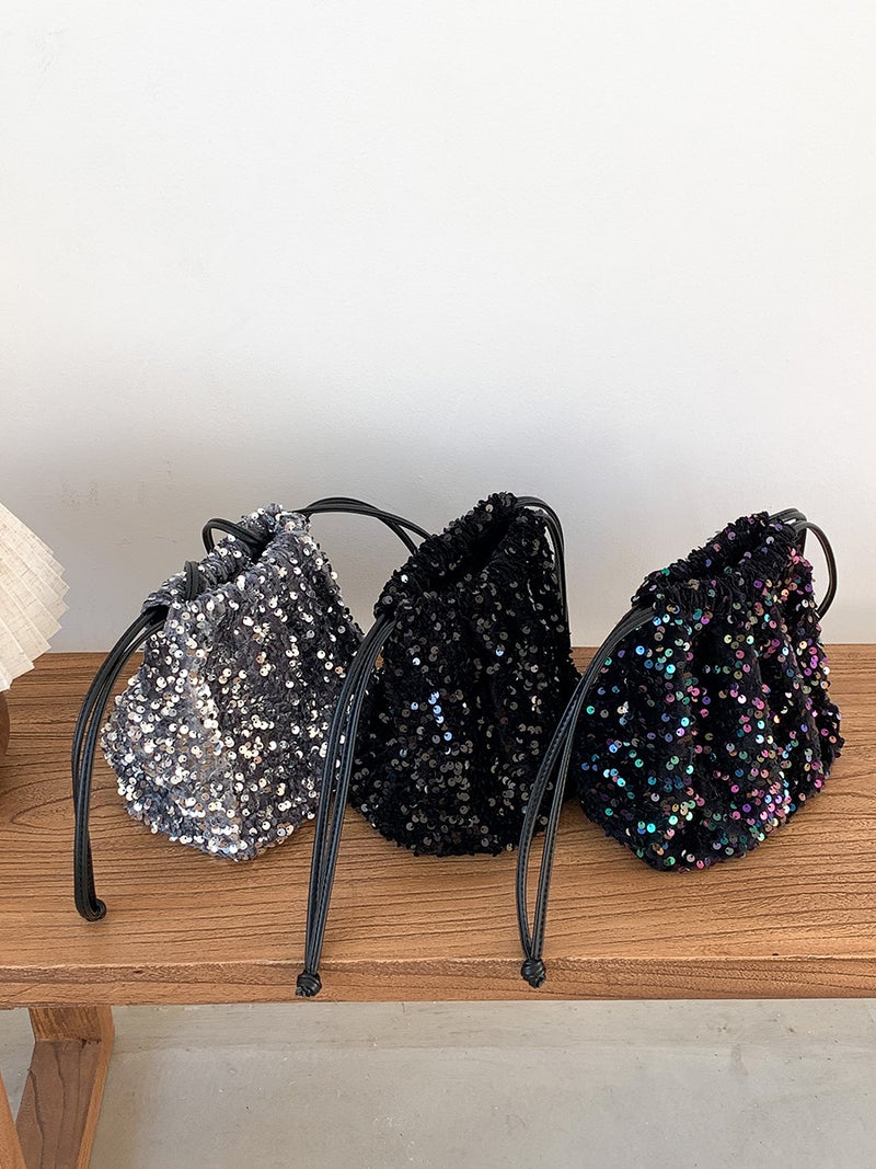 High-End Portable Bucket Bag for Women – Small Drawstring Sequin Shoulder Messenger Bag - Image 5