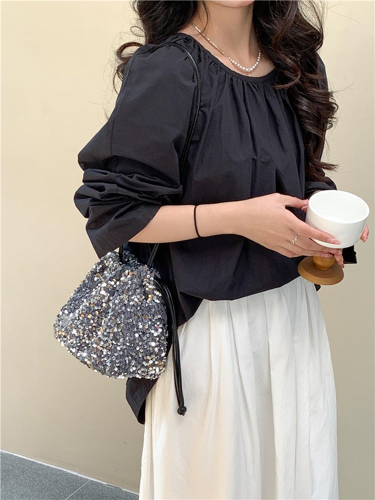 High-End Portable Bucket Bag for Women – Small Drawstring Sequin Shoulder Messenger Bag - Image 3