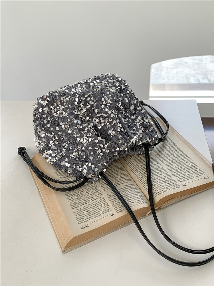 High-End Portable Bucket Bag for Women – Small Drawstring Sequin Shoulder Messenger Bag - Image 1