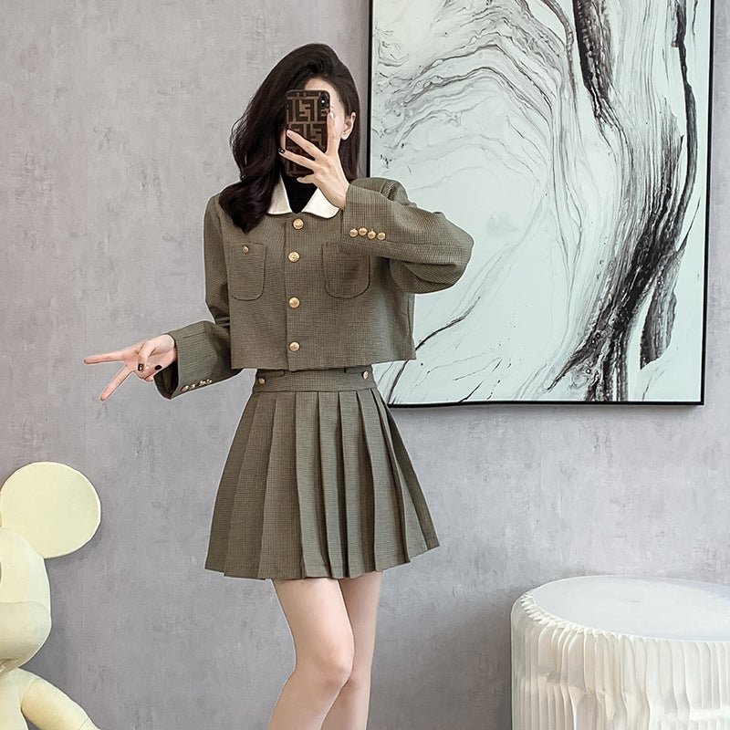 Plaid Casual Skirt Set Womens Autumn 2024 New Doll Collar Short Jacket Pleated Skirt Stylized Age-reducing Two-piece Set Coffee color