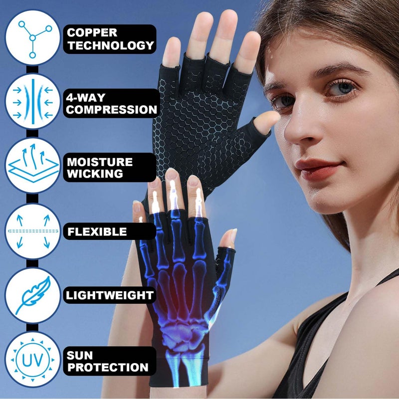 Gorbgle 2 Pairs Copper Arthritis Gloves for Carpal Tunnel Pain Relief, Compression Gloves to Alleviate Hand Pain, Swelling, Fingerless Computer Typing Gloves for Rheumatoid, Tendonitis Women & Men (Medium) - Image 2