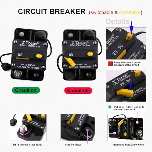 T Tocas Hi-Amp E9 200 Amp Circuit Breaker for Automotive ATV Vehicles Stereo Audio with Manual Reset 12V- 48V,IP67 Waterproof, UL Certified,200A Switchable 3/8" Studs - Image 3