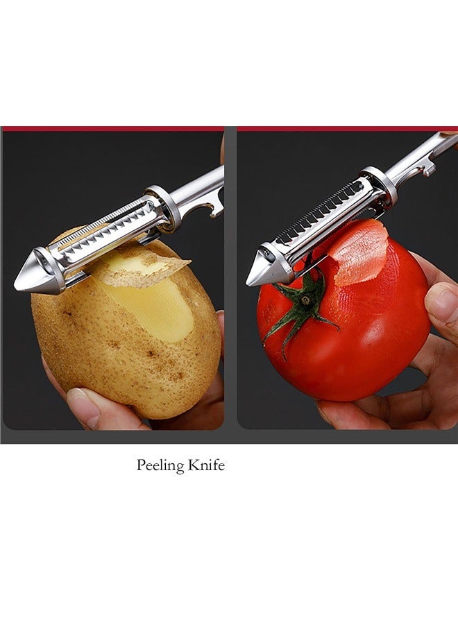 5 In 1 Peeling Knife, Silver Alloy Multi-function Peeler for Paring, Planing Silk, Beer Bottle Opener, Opening Hole and Hanging - Image 5