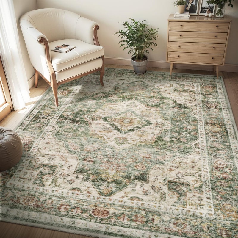 AMOAMI-4X6 Area Rugs for Living Room -Soft Vintage Bedroom Rugs-Non Slip Washable Rug-Throw for Living Room Bedroom Bedside Dining Room Office Green - Image 1